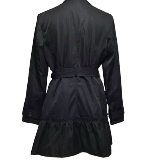 Sandro Studio Black Wrap Coat Double Breast Self Tie Belt Ruffle Hem Large - Picture 2 of 15